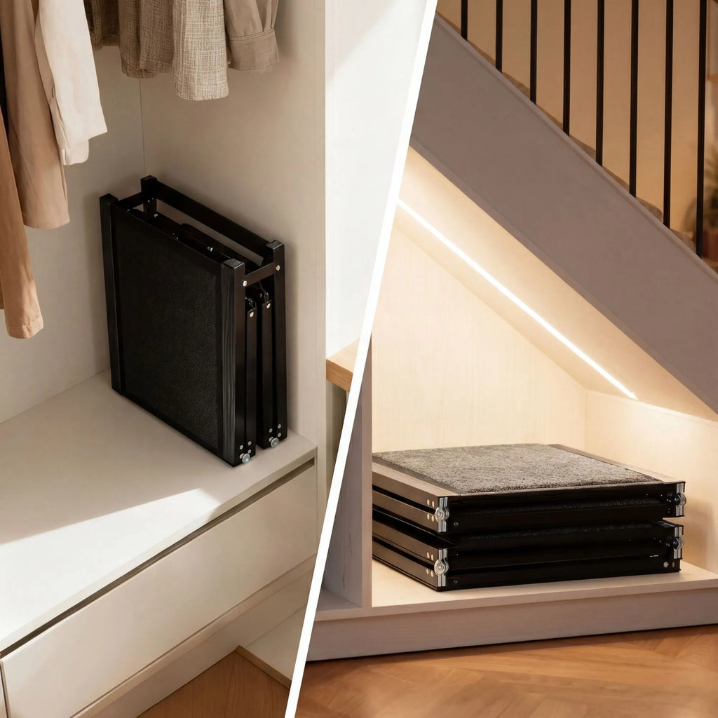 Vue de la rampe pour chien pliable ultra-compacte rangée verticalement dans une armoire et horizontalement sous un escalier, démontrant son faible encombrement pour un transport facile en voiture.
