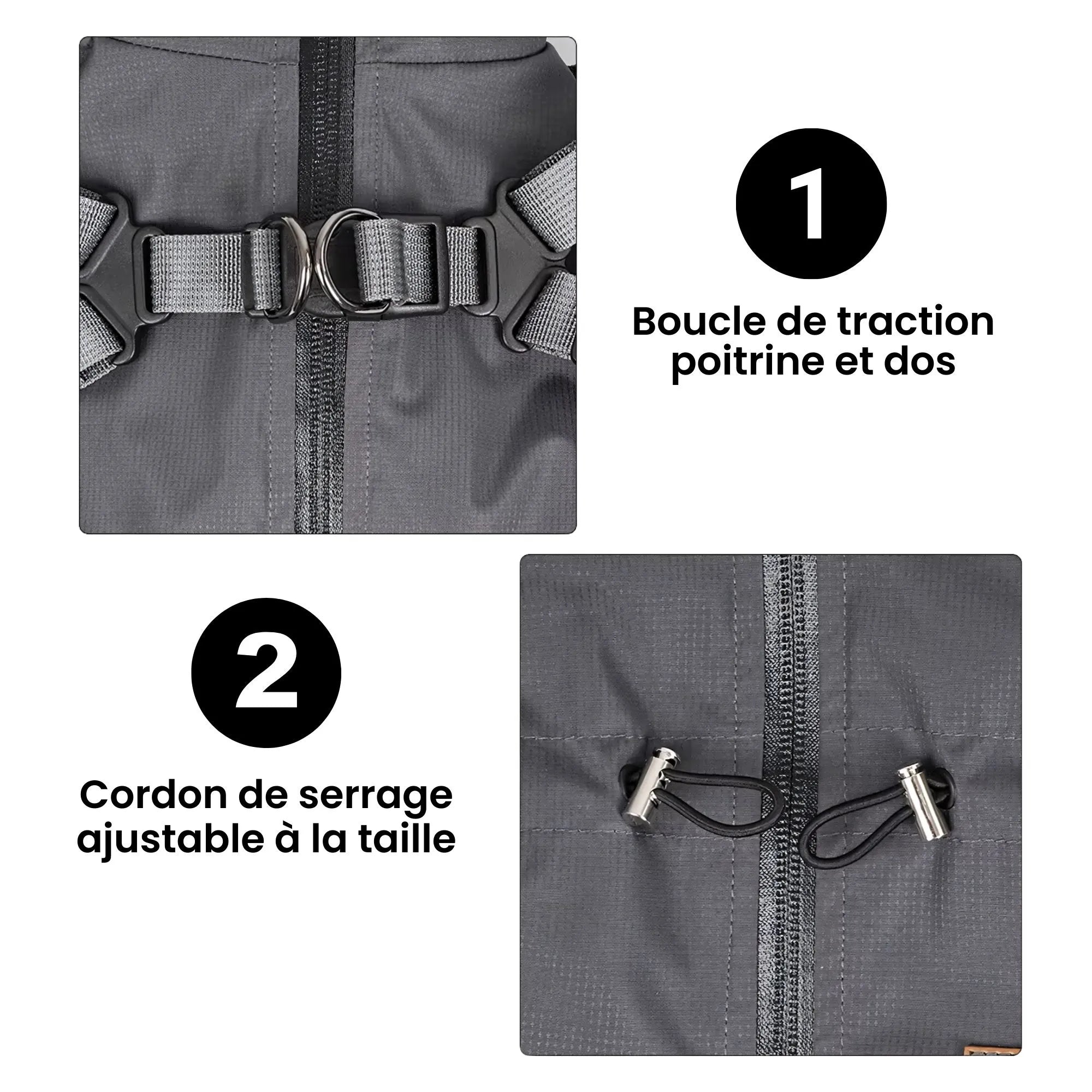 Détails de l'imperméable : boucle de traction solide et cordons de serrage à la taille pour ajuster la coupe sans rembourrage.