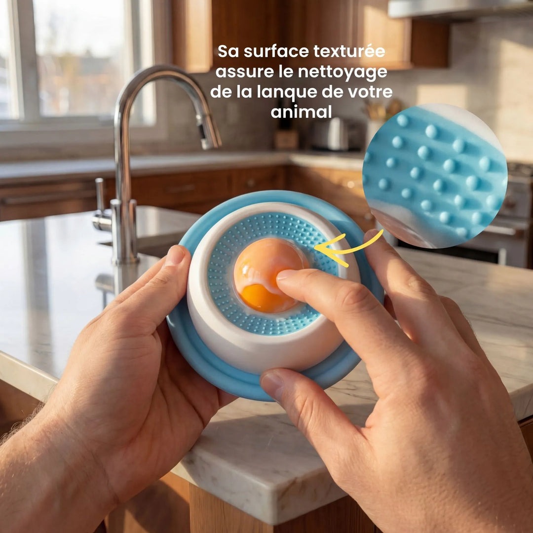 Gros plan sur la surface à picots bleus qui nettoie la langue du chien (brosse à dents) et rafraîchit l'haleine.