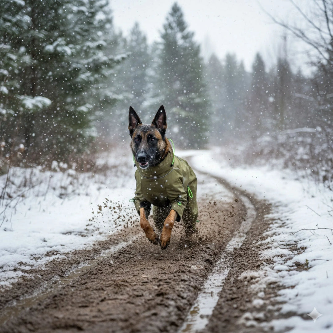 Chien Malinois courant en liberté sur un chemin boueux. La combinaison protège de la boue sans gêner les mouvements du chien sportif.