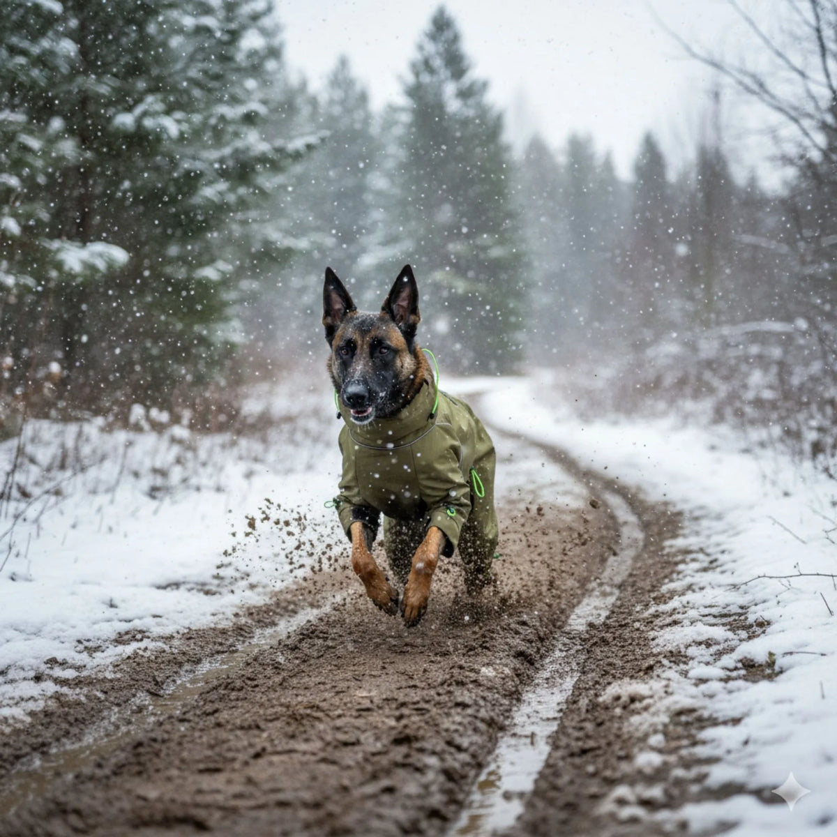 Chien Malinois courant en liberté sur un chemin boueux. La combinaison protège de la boue sans gêner les mouvements du chien sportif.